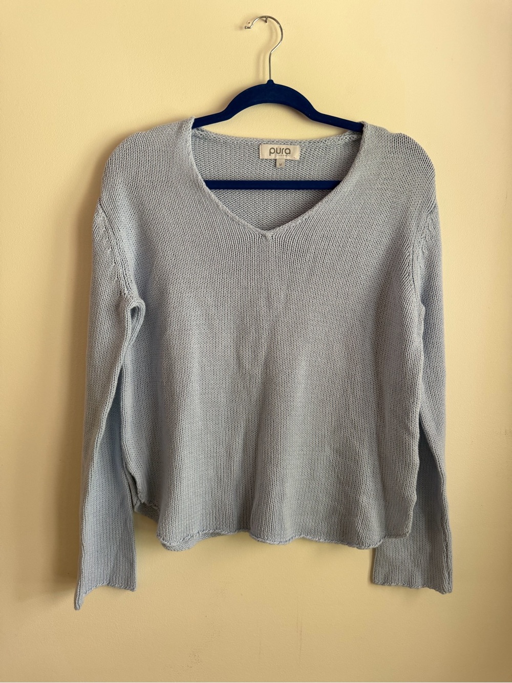 Pura Cashmere Powder Blue Cotton V Neck Sweater M
